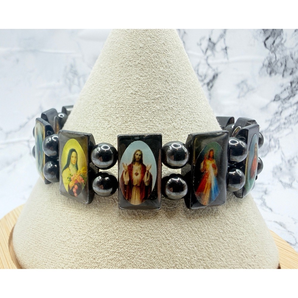 Reversible Catholic Jesus Mary Saints Hematite Glass Stretch Bracelet